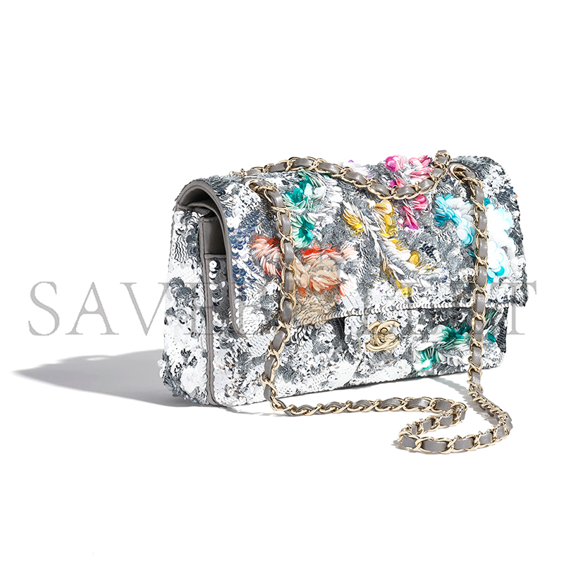 Ch*el classic 11.12 handbag embroidered satin, sequins, glass pearls a01112 (25.5*15.5*6.5cm)